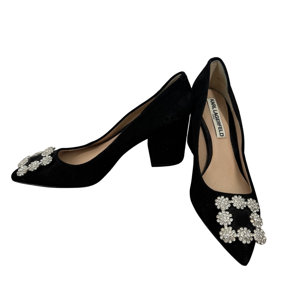 Karl Lagerfeld Paris Black Suede Crystal Buckle Block Heel Pumps 6M Adona Formal